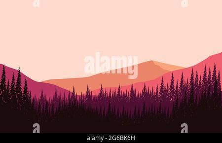 Eine außergewöhnliche Panorama-Silhouette von Bergen mit Wäldern am Nachmittag vom Rand der Stadt. Vektordarstellung einer Stadt Stock Vektor