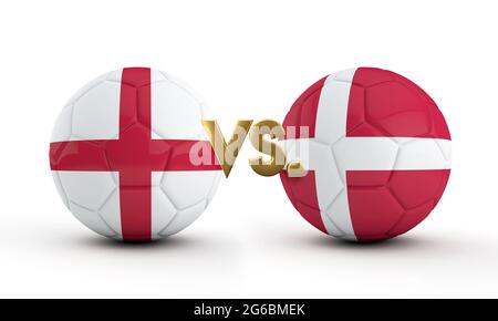 England Vs. Dänemark Fußballspiel. Flaggen mit Fußball. 3D-Rendering Stockfoto