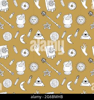 Nahtloses Muster mit handgezeichneter Doodle-Linie Kunst Himmelskörper und magische Gegenstände. Spirituelle mystische Wiederholung Textur. Stock Vektor
