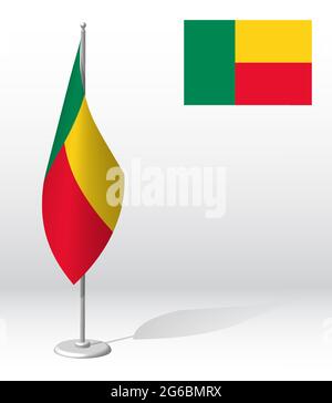 Flagge der Republik Benin auf Fahnenmast für die Registrierung der feierlichen Veranstaltung, Begegnung mit ausländischen Gästen. Tag der nationalen Unabhängigkeit Benins. Realistischer 3D-Vektor o Stock Vektor