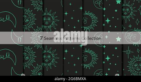 Monochrome, nahtlose Muster mit schwarzer Tinte, von Hand gezeichnete Sonne, Mond und Sterne auf schwarzem Hintergrund. Stock Vektor