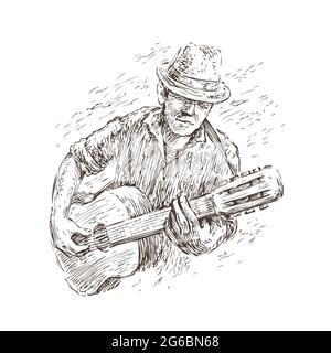 Mann spielt Gitarre. Live-Musik, Jazz-Festival-Konzept im Sketch-Vintage-Stil Stock Vektor