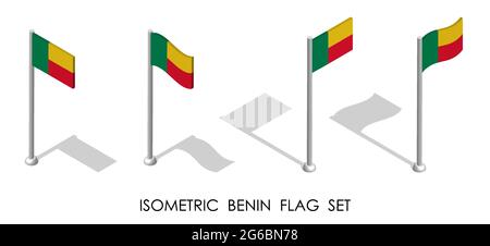 Isometrische Flagge der Republik Benin in statischer Position und in Bewegung auf Fahnenmast. 3d-Vektor Stock Vektor