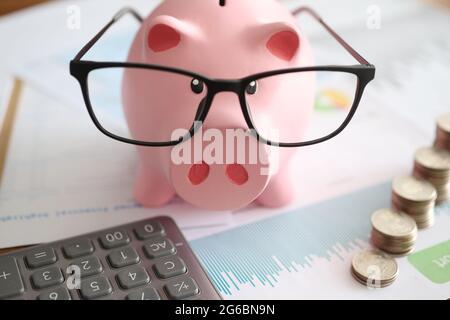 Pinkes Sparschwein mit Brille, die in der Nähe von Münzhaufen steht, und Taschenrechner aus nächster Nähe Stockfoto