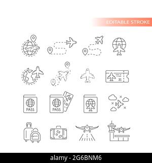 Symbolsatz für Linienvektoren von Flughäfen, Fluggesellschaften und Flugzeugen. Reisen, Bordkarte, Symbole für die Umrisslinie des Fluges, bearbeitbarer Strich. Stock Vektor