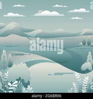 Hügel, Berglandschaft in flachem Design. Straße in den Hügeln, Himmel, Wolken. Minimale ländliche Lage im Freien mit Tal, Bäumen. Graublau pastellfarben c Stock Vektor