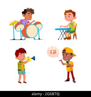 Kinder Jungen Spielen In Musik Orchester Set Vector Stock Vektor