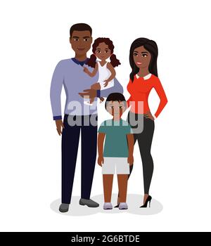 Vektor-Illustration der schönen glücklichen Familie. Afroamerikanische Eltern und Kinder. Lächelnde Cartoon-Mutter, Vater, Dandere und Bruder in flachem Stil Stock Vektor