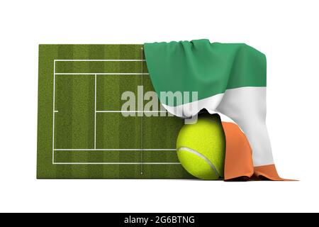 Die irische Flagge drapierte über einem Rasen-Tennisplatz und Ball. 3D-Rendering Stockfoto
