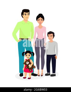 Vektor-Illustration von glücklich und Smiley asiatische Familie mit Kindern und Eltern. Flache Cartoon-Stil Mutter, Vater, Tochter und Sohn isoliert auf weiß Stock Vektor