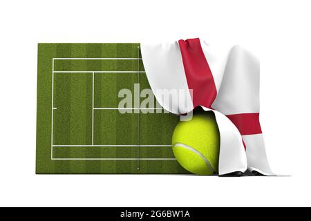 Die englische Flagge drapierte über einem Rasen-Tennisplatz und Ball. 3D-Rendering Stockfoto