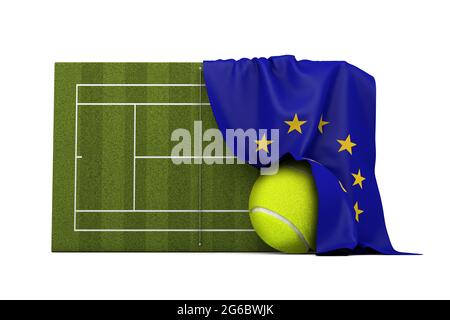 Die Flagge der Europäischen Union drapierte über einem Rasen-Tennisplatz und einem Ball. 3D-Rendering Stockfoto