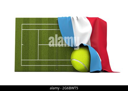 Die luxemburgische Flagge drapierte über einem Rasen-Tennisplatz und einem Ball. 3D-Rendering Stockfoto