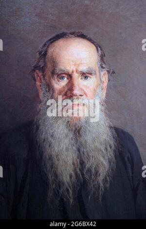 Porträt von Leo Tolstoi 1894 des Künstlers Nikolai Alexandrowitsch Jaroschenko (Николай Александрович Ярошенко; Микола Олександрович Ярошенко;1846 – 1898) Russischer kaiserlicher Maler ukrainischen Ursprungs.Tolstoi;der russische Schriftsteller galt als einer der größten Autoren aller Zeiten. Stockfoto