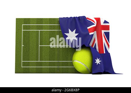 Die australische Flagge drapierte über einem Rasen-Tennisplatz und Ball. 3D-Rendering Stockfoto