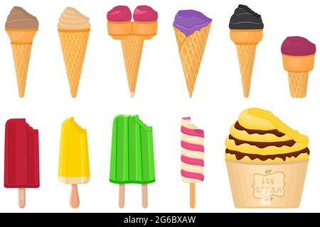 Illustration zum Thema große Kit Eiscreme Sorbet verschiedenen Arten in Kegel Waffel Cup. Eiscreme bestehend aus leckerem Milchsorbet auf Waffelbecher. Sorbet Stock Vektor