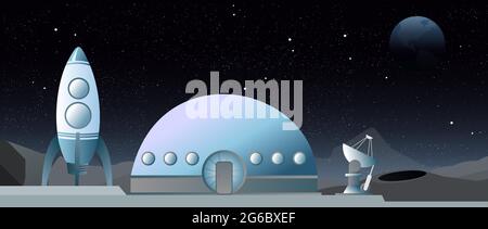 Vektor-Illustration von flachen Stil Web-Banner zum Thema Astronomie, Weltraumforschung, Kolonisierung des Raums. Monderkundung. Raumschiff und Stock Vektor