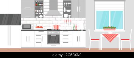 Vektor-Illustration der modernen Küche mit Esstisch und Sachen zum Kochen von Lebensmitteln, Herd, Schrank, Geschirr und Kühlschrank in flachem Stil. Stock Vektor