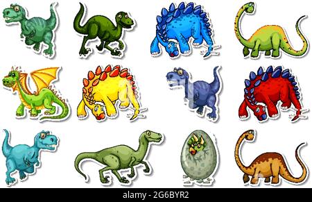Aufkleber mit verschiedenen Arten von Dinosauriern Cartoon-Figuren Illustration gesetzt Stock Vektor