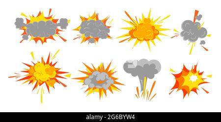 Vektor-Illustration Set von glatten Vektor Explosion Effekt, Bombe Boom in Cartoon Comic Retro-Stil. Aufnahmen von Bewegungsblitz und Mikrofonelementen auf Weiß Stock Vektor