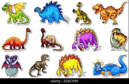 Aufkleber mit verschiedenen Arten von Dinosauriern Cartoon-Figuren Illustration gesetzt Stock Vektor