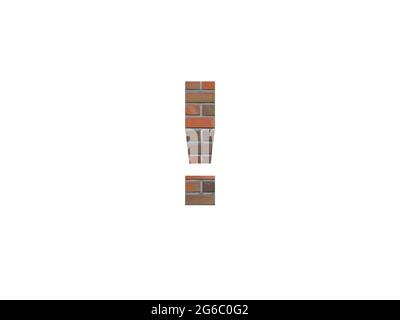 Ausrufezeichen des Alphabets aus Ziegelwänden, in braun, orange, rotgrau und isoliert auf weißem Grund Stockfoto