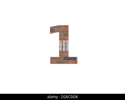 Nummer 1 des Alphabets aus Ziegelwänden, in braun, orange, rotgrau und isoliert auf weißem Hintergrund Stockfoto