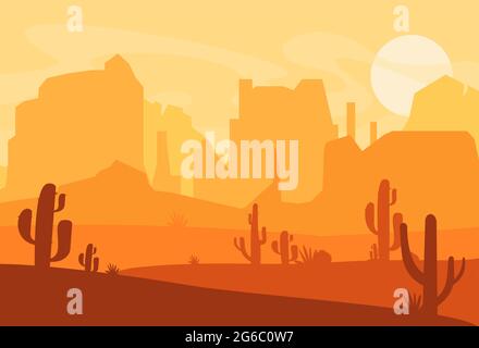 Vektor-Illustration der Western Texas Wüste Silhouette. Wilde westamerika-Szene mit Sonnenuntergang in der Wüste mit Bergen und Kakteen im flachen Cartoon-Stil. Stock Vektor