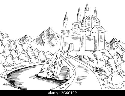 Burg Straße Grafik schwarz weiß Landschaft Skizze Illustration Vektor Stock Vektor