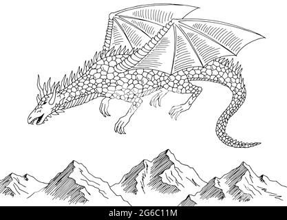 Drache fliegt über den Berg Grafik schwarz weiß Landschaft Skizze Illustration Vektor Stock Vektor