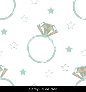 Nahtloses Vektor-Muster mit Diamantring auf weißem Hintergrund. Einfaches Engagement Symbol Tapete Design. Romantische Hochzeit Mode Textil. Stock Vektor