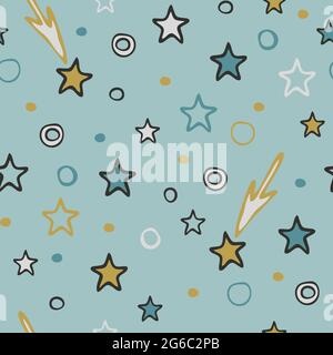 Nahtloses Vektormuster mit Sternen auf hellblauem Hintergrund. Einfaches Schlafzimmer Tapetendesign für Kinder. Dekorative Babydusche Mode Textil. Stock Vektor