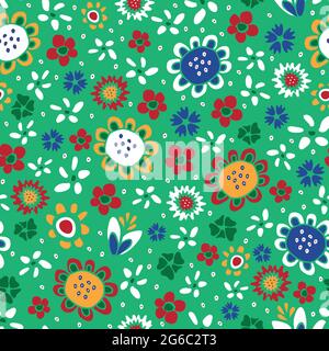 Nahtloses Vektor-Muster mit handgezeichneten Blumen auf grünem Hintergrund. Hippes florales Tapetenmuster. Funky Mode in Stoffform. Stock Vektor