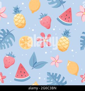 Sommerliches Obst-Muster. Süße Wassermelone, Ananas, Zitrone, Blätter. Handgezeichnete flache Cartoon-Elemente. Vektorgrafik Stock Vektor