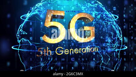 Bild des Textes der 5. Generation von 5g über einem sich drehenden, glühenden Globus Stockfoto