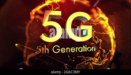 Bild des Textes der 5. Generation von 5g über einem sich drehenden, glühenden Globus Stockfoto