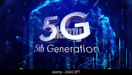 Bild des Textes der 5. Generation von 5g über einem sich drehenden, glühenden Globus Stockfoto