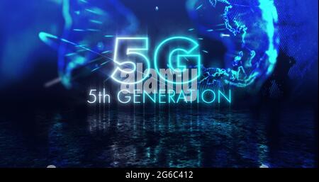 Bild von 5g 5. Generation Text über glühenden Globus drehen Stockfoto