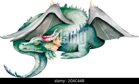 Niedliche grüne fliegende Drachen handgezeichnet Aquarell Kindergarten isoliert Illustration auf weißem Hintergrund. Chinesisches Symbol. Mythos chinesisches Tier Stock Vektor