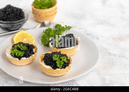 Schwarzer Kaviar in Tartlets auf hellem Hintergrund. Gesundes Lebensmittelkonzept. Speicherplatz kopieren. Stockfoto