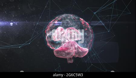Drehendes Gehirn gegen Netzwerk von Verbindungen auf schwarzem Hintergrund Stockfoto