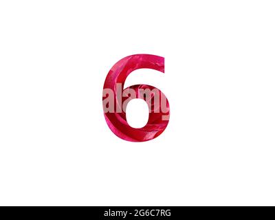 Nummer 6 des Alphabets mit einem Foto einer roten Rose, isoliert auf weißem Hintergrund Stockfoto
