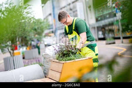 Hannover, Deutschland. Juli 2021. Ein Mitarbeiter der Stadt Hannover pflanzt die Blumenbeete eines temporären Sitzbereichs auf der teilweise geschlossenen Schmiedestraße in der Innenstadt. Die Stadt schließt in den kommenden Wochen mehrere Straßen im Stadtzentrum für den Autoverkehr. Sie sollen zu temporären Fußgängerzonen werden. Quelle: Hauke-Christian Dittrich/dpa/Alamy Live News Stockfoto