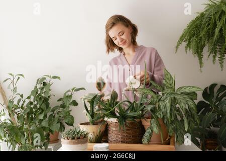 Nettes Mädchen Bewässerung schönen Indoor-grünen Pflanzen wächst in verschiedenen Töpfen. Stockfoto