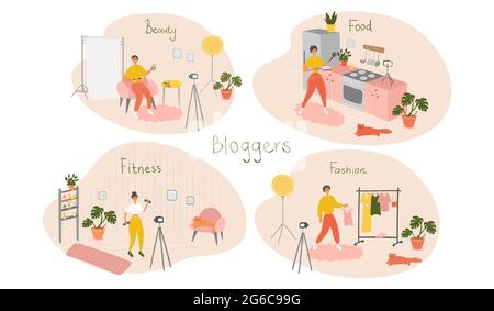 Eine Reihe von Bloggern und Vloggern, die Internetinhalte erstellen. Schönheit, Essen, Fitness, Mode-Blogger. Beeinflusser, die Vlog drehen. Vektorgrafik Stock Vektor