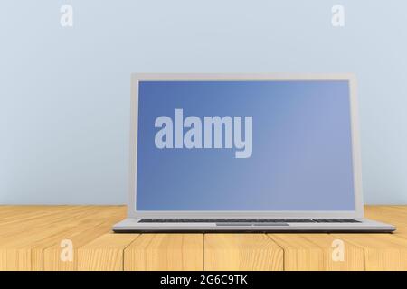 Laptop auf Holzoberfläche. 3D-Illustration Stockfoto