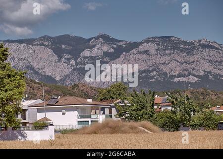 Kemer, Türkei - 22. Mai 2021: Street Food Markt, der Gemüse und Walnüsse verkauft. Türkischer Basar. Hochwertige Fotos Stockfoto