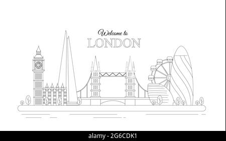 Vektor-Illustration des Liniendesigns London Concept. Moderne Londoner Stadt mit den berühmtesten Gebäuden. Flache Liniengrafik auf weißem Hintergrund. Stock Vektor