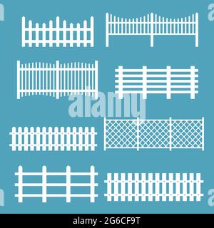 Vektor-Illustration Satz von verschiedenen Zäunen weiße Farbe. Ländliche Silhouetten Holzzäune, Streikposten Vektor für Garten in flachem Stil. Stock Vektor