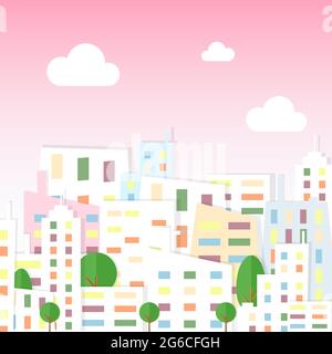 Vektor-Illustration von Papier Stadtansicht in Cartoon-Flat-Stil. Stadt mit Häusern und Bäumen auf rosa Himmel Hintergrund. Stock Vektor